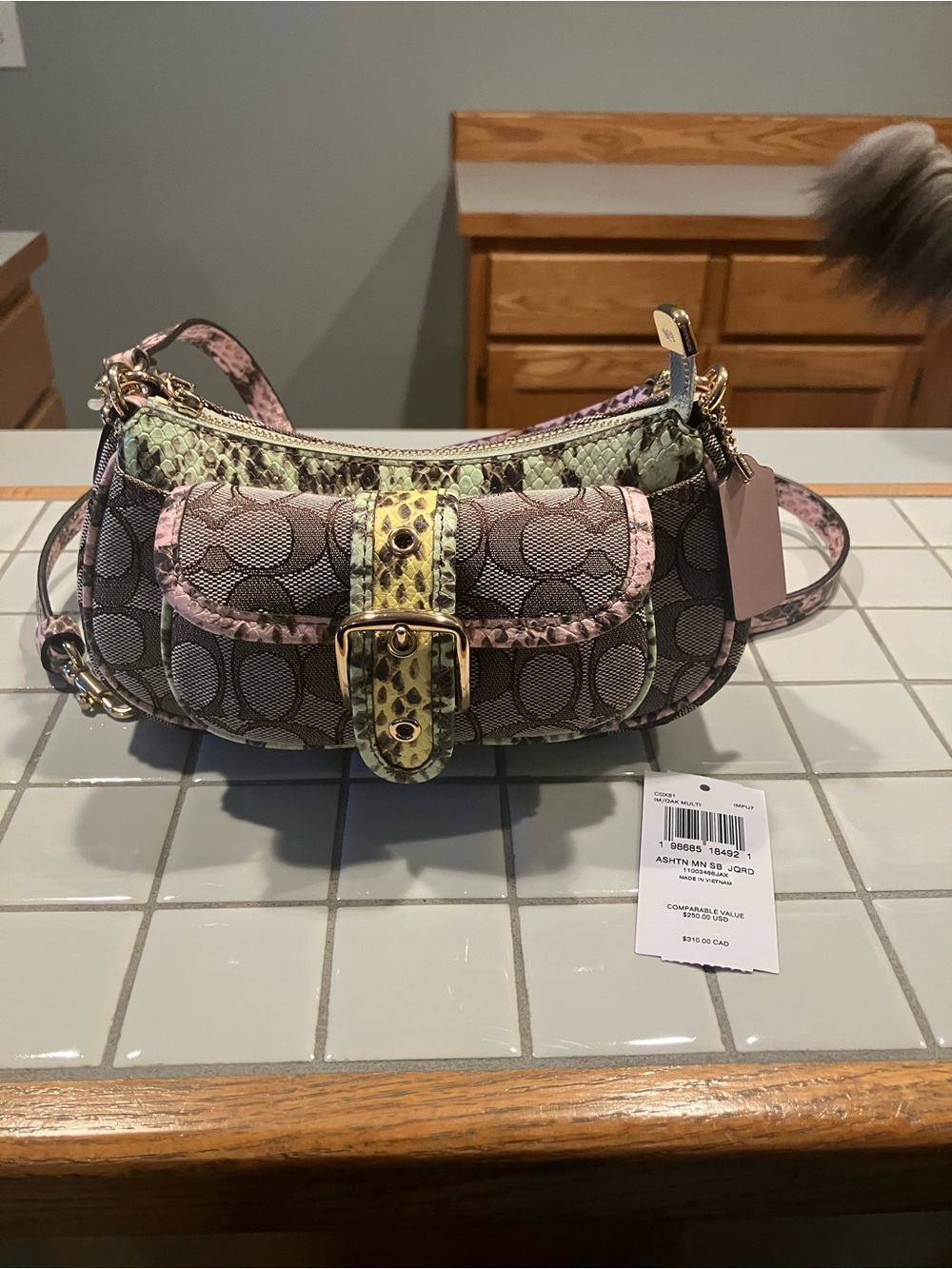 Coach Crossbody Bag in Signature Print with Green Snake-Print Accents - Picture 3 of 10